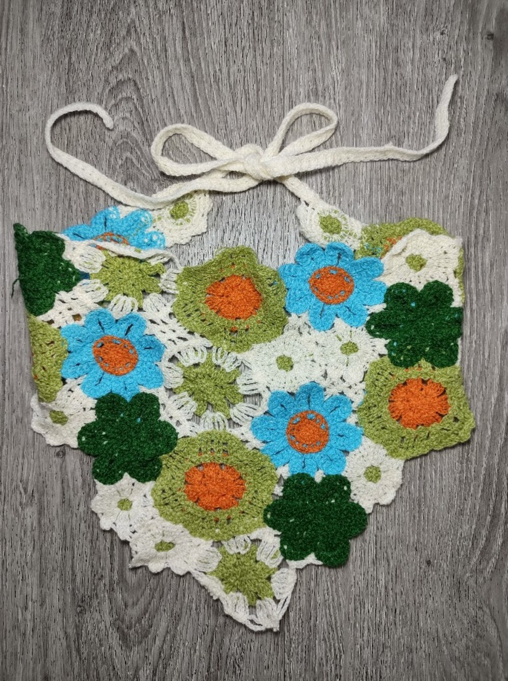 Handmade Crochet Floral Headscarf in White with Blue & Green Flowers